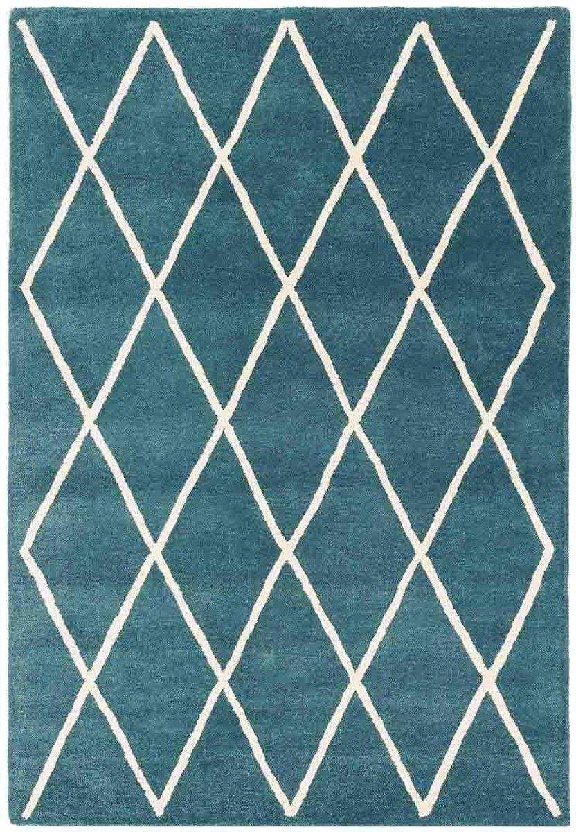 Easy Living - Albany-Diamond-Teal Vloerkleed - 200x290  - Rechthoek - Laagpolig Tapijt - Modern - Blauw, Wit