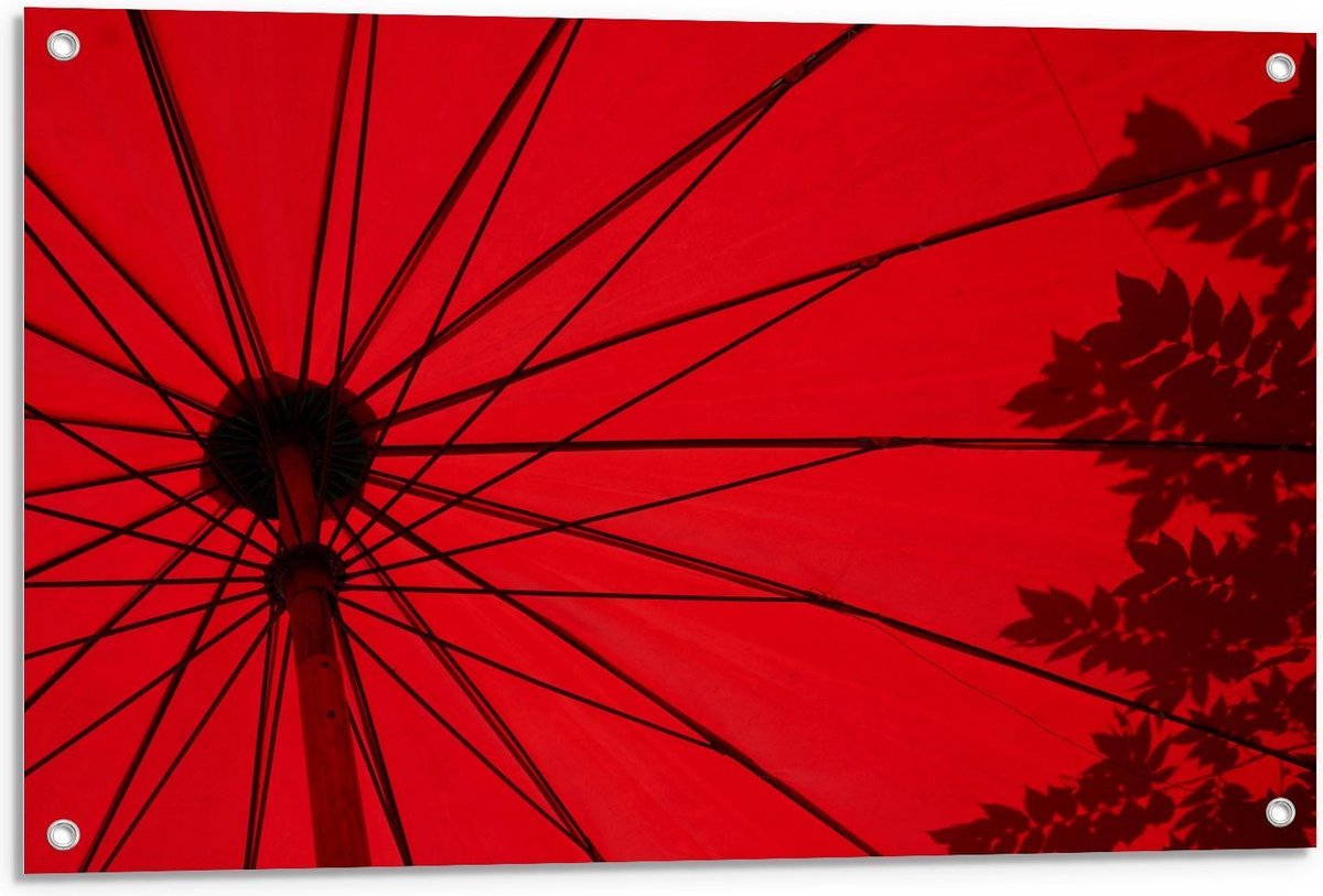Tuinposter – Rode Parasol - 90x60cm Foto op Tuinposter (wanddecoratie voor buiten en binne