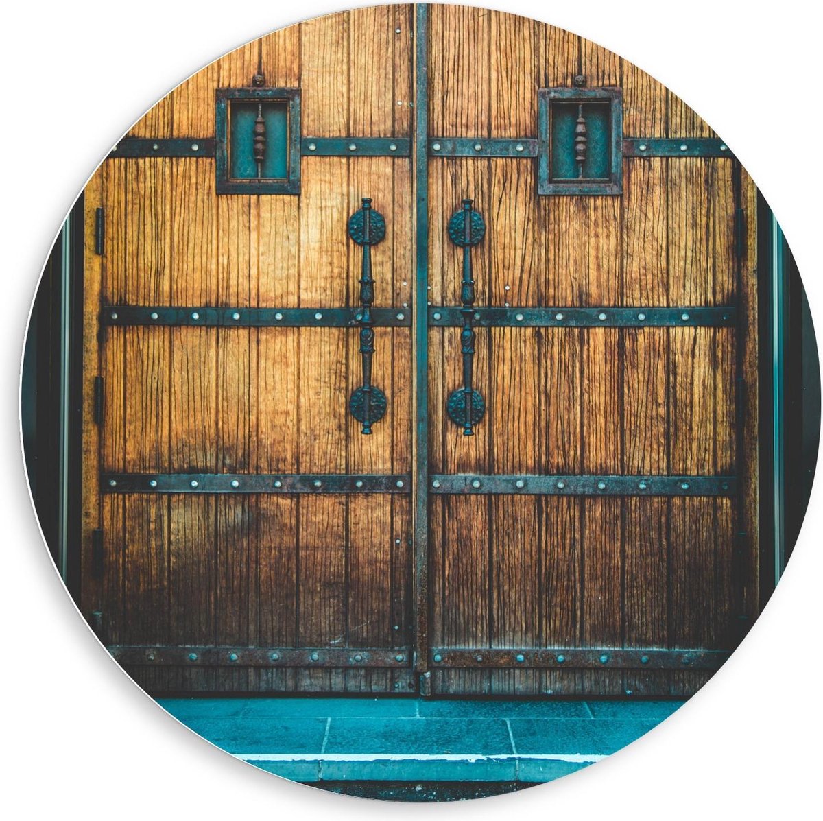 Forex Wandcirkel - Houten Voordeuren - 80x80cm Foto op Wandcirkel (met ophangsysteem)