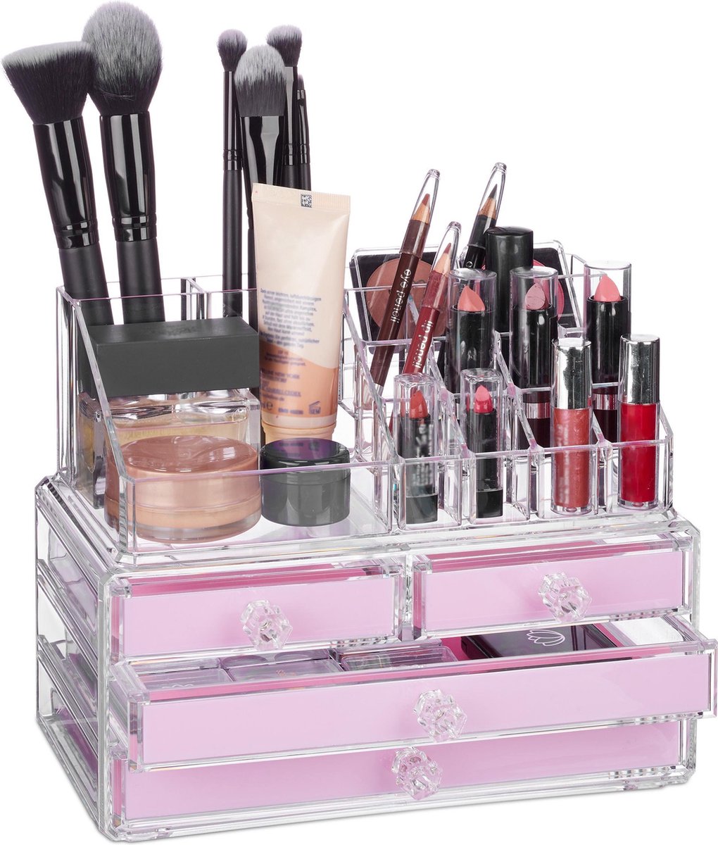 Relaxdays make-up organizer - tweedelig - cosmetica opbergdoos - lippenstift houder - roze - Relaxdays