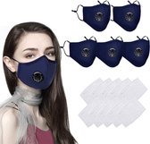 5 stuks Herbruikbare Mondkapje - Valve mondmasker Blauw met 10 stuks vervangbaar  filters