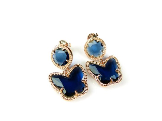 Zilveren oorringen oorbellen roos goud verguld Model Butterfly gezet met donker blauwe stenen