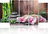 Schilderij , Orchideeën en zen stenen in bos ,roze groen bruin ,4 maten , 5 luik , wanddecoratie , Premium print , XXL