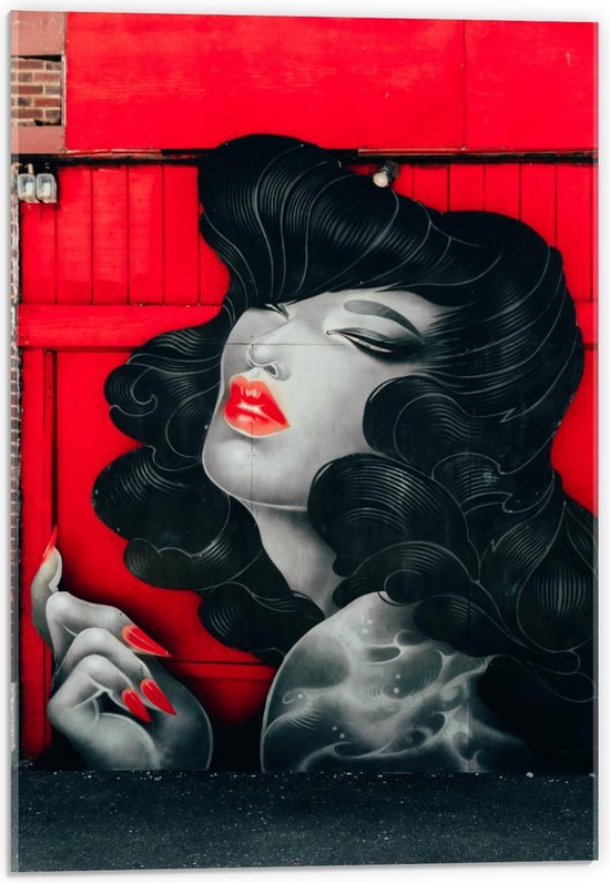 Acrylglas - Muurschildering Vrouw met Rode Lippen - 40x60cm Foto op Acrylglas (Wanddecoratie op Acrylglas)