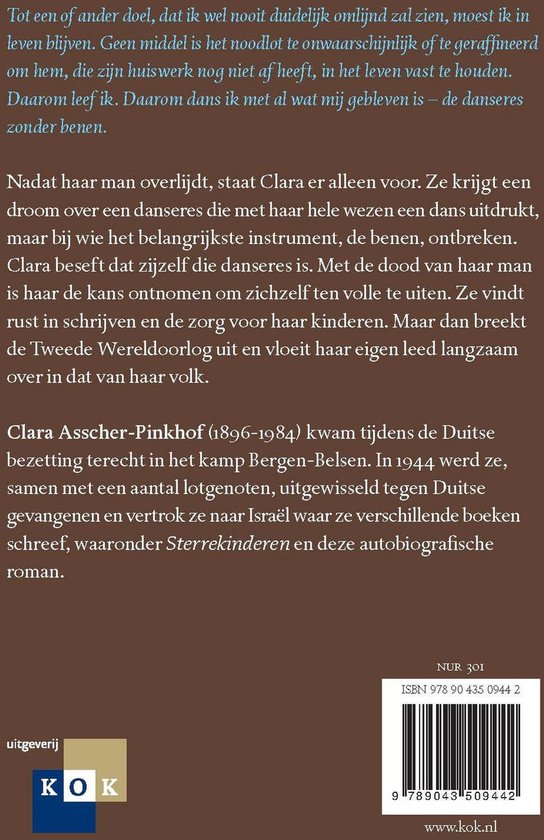 Achterkant van het boek 'Danseres zonder benen' met tekst en ISBN.