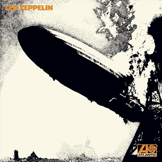 Led Zeppelin albumhoes met zeppelin die in brand vliegt.