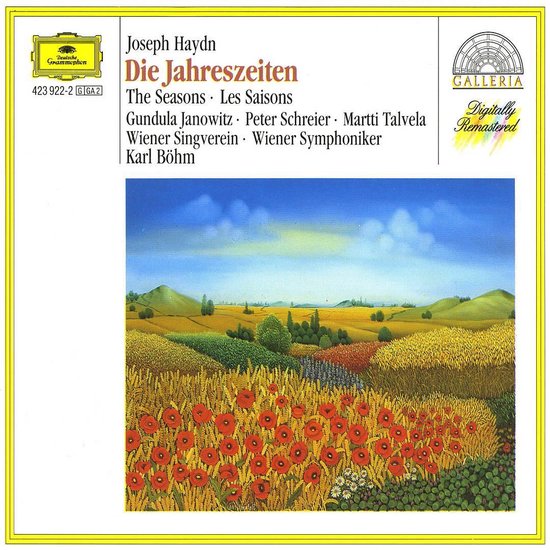 Albumhoes met 'Die Jahreszeiten' van Joseph Haydn, met een schilderij van een veld vol klaprozen en koren.