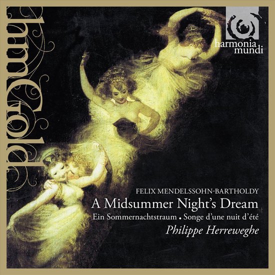 Albumhoes met een schilderij van drie nimfen in het geel, die dansen onder maanlicht. Tekst: 'A Midsummer Night's Dream'.