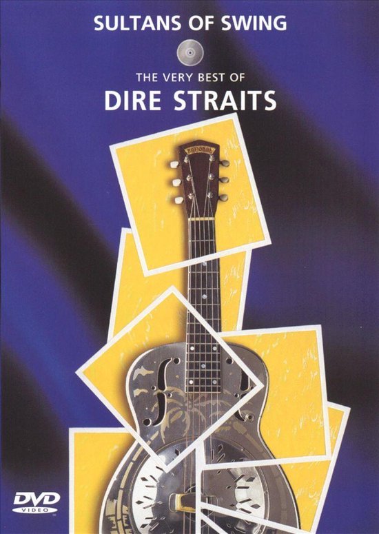 DVD hoes 'Sultans of Swing - The Very Best of Dire Straits' met een zilveren resonator gitaar op een blauwe achtergrond met gele vierkanten.