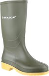 Dunlop regenlaars in olijfgroen met gele zool en Dunlop logo.
