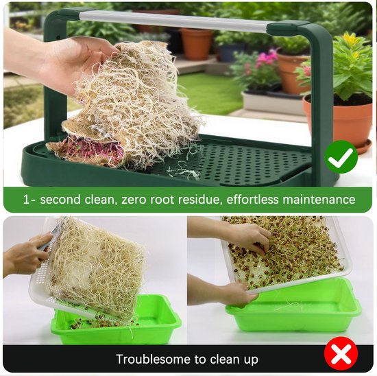 Illustratie: Linksboven, hand verwijdert wortels uit groene kiemschaal. Rechtsonder, handen scheiden microgreens van wortels.