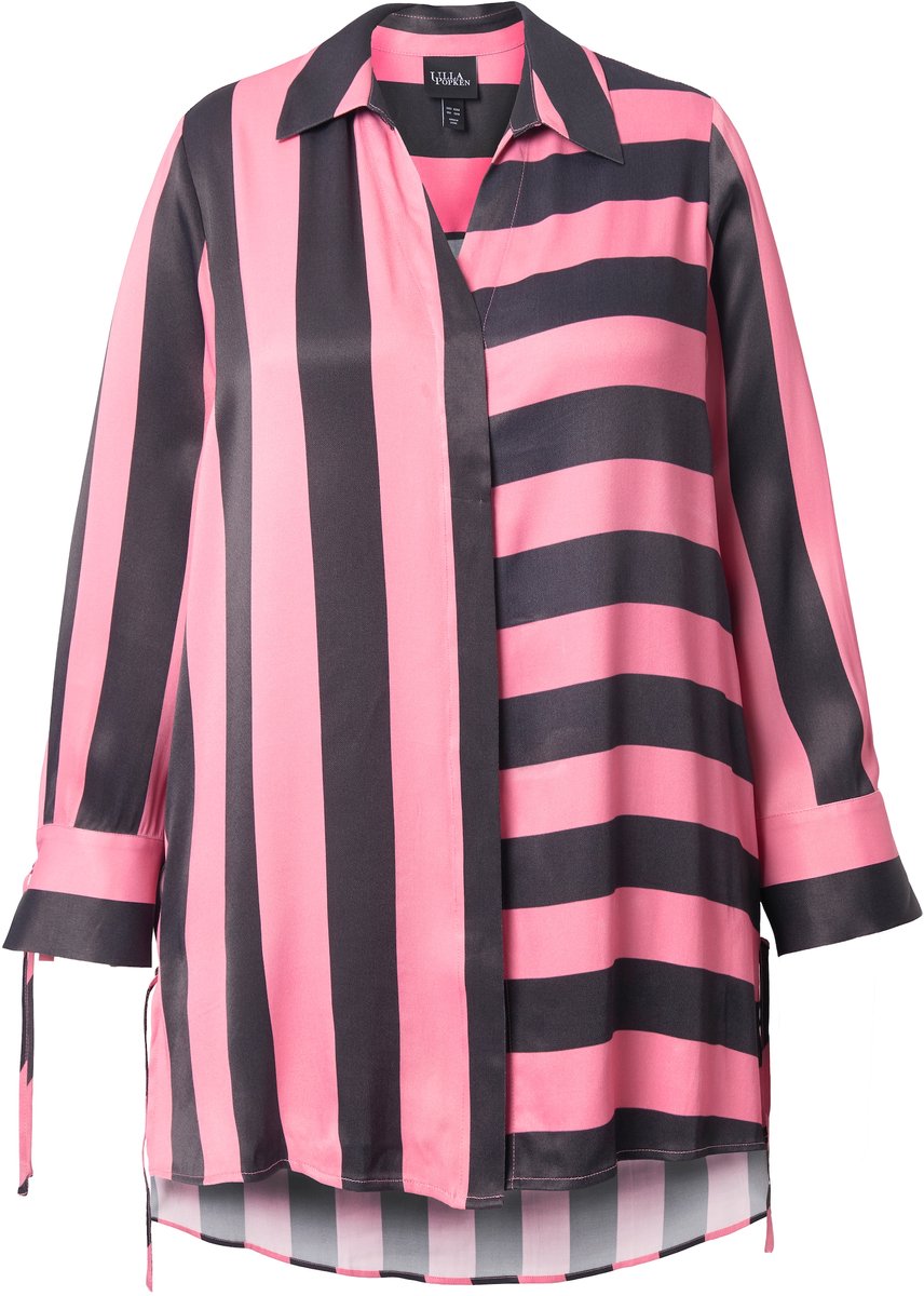 Ulla Popken - Dames - blouse blokstrepen overhemdkraag lange mouwen - Roze - Maat 50+