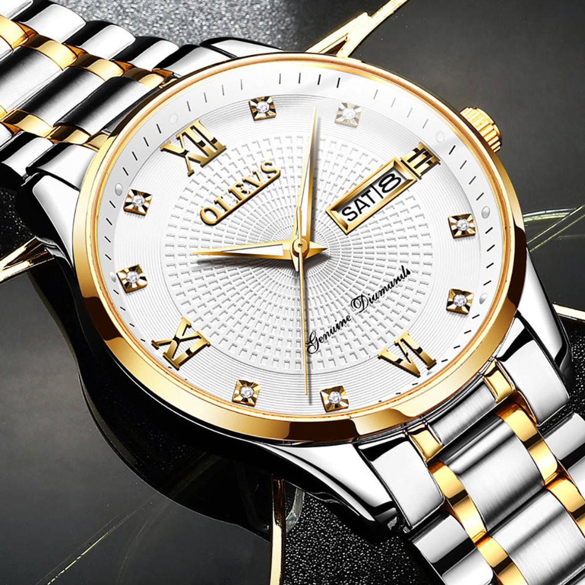 HO-6603.wi : Olevs zilvergoudkl tourbillon-mechanisch edelstaal heren horloge, witte wijzerplaat met aurora cirkel, luminiscerend, dagnaam, kalenderdag, Diamant-zirkonia