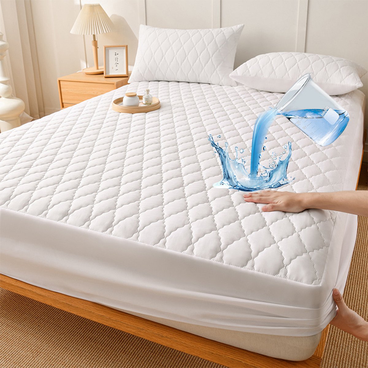 Waterdichte matrashoes en kussensloopset, matrasbeschermer, waterdicht TPU-membraan, eenvoudig te installeren, ademend en elastisch, zacht en comfortabel, wasbaar,Wit,140x200cm