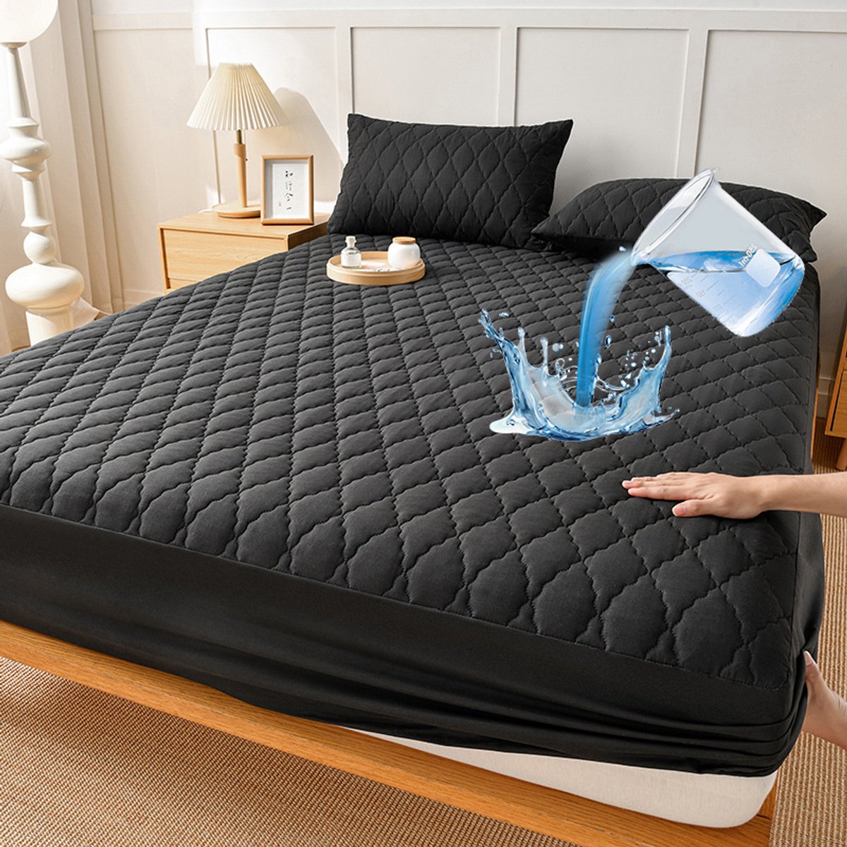 Waterdichte matrashoes en kussensloopset, matrasbeschermer, waterdicht TPU-membraan, eenvoudig te installeren, ademend en elastisch, zacht en comfortabel, wasbaar,zwart,140x200cm