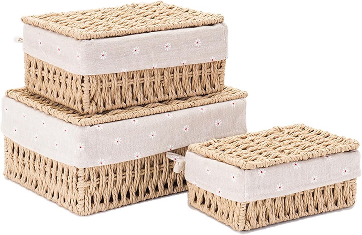 Set van 3 Gevlochten Opbergmanden met Deksel en Voering - Boho Stijl Opbergdozen