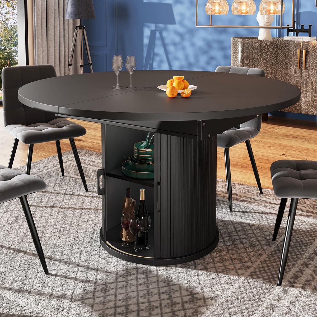 Uitschuifbare Eettafel Rond naar Ovaal voor 6 Personen Zwart