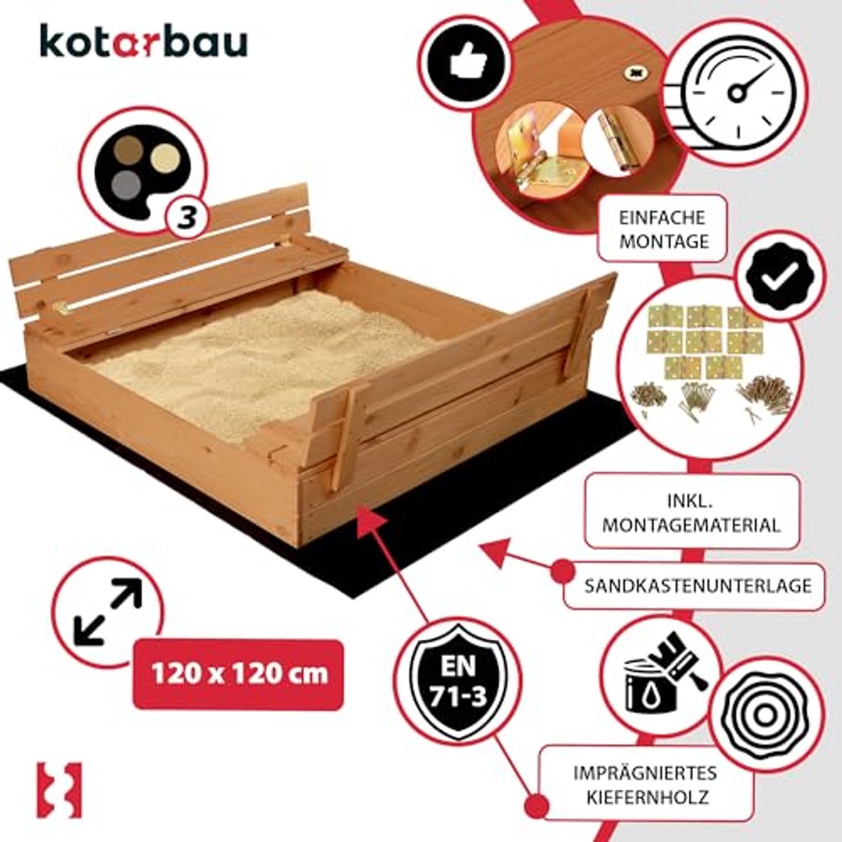 KOTARBAU® Houten Zandbak, 120 x 120 cm, Bruin, Zandbak met Deksel, en Bankjes, Met Grondzeil, Geïmpregneerd, Buitenspeelgoed — afbeelding 4
