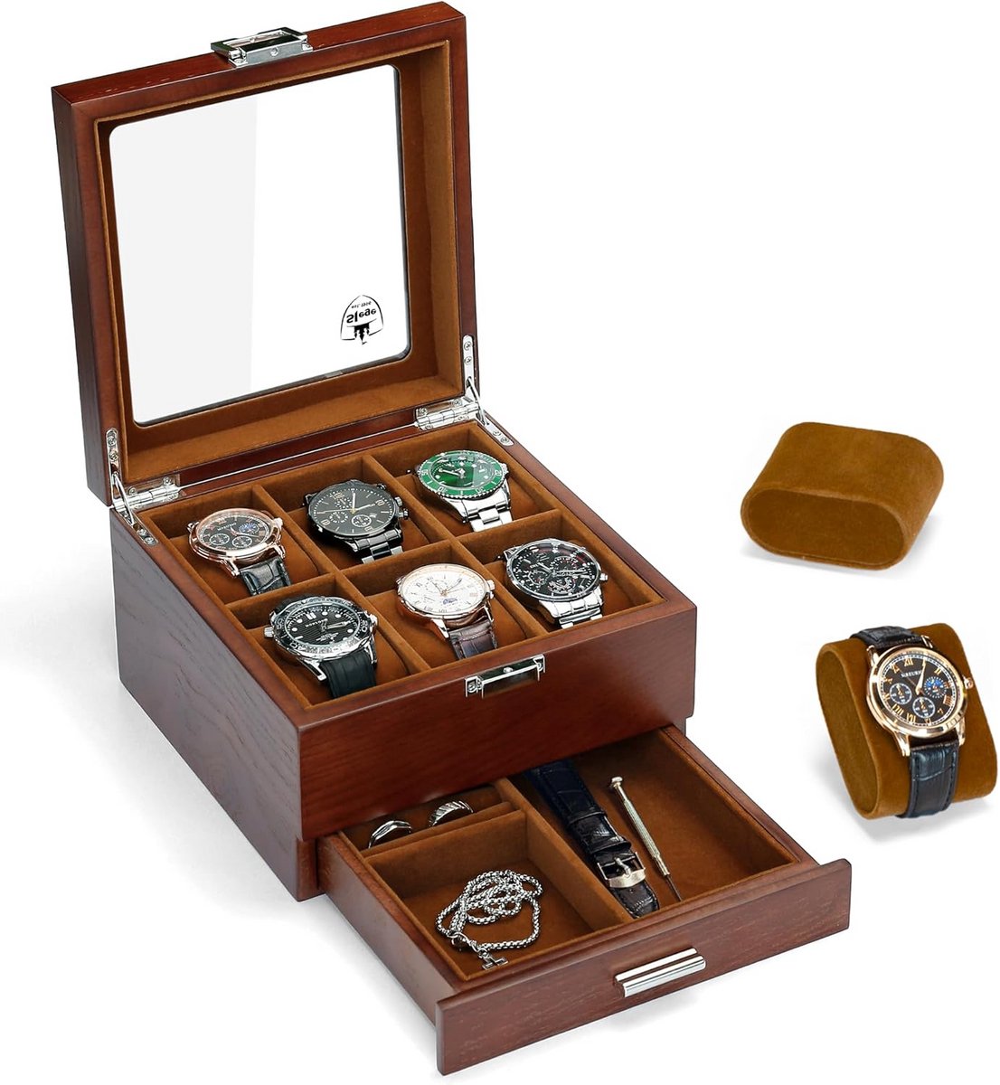 Handgemaakte Houten Horlogedoos met Glazen Deksel en Lade voor 6 Horloges