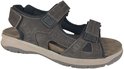 Bruine nubuck sandaal met klittenbandsluiting, logo en taupekleurige zool.