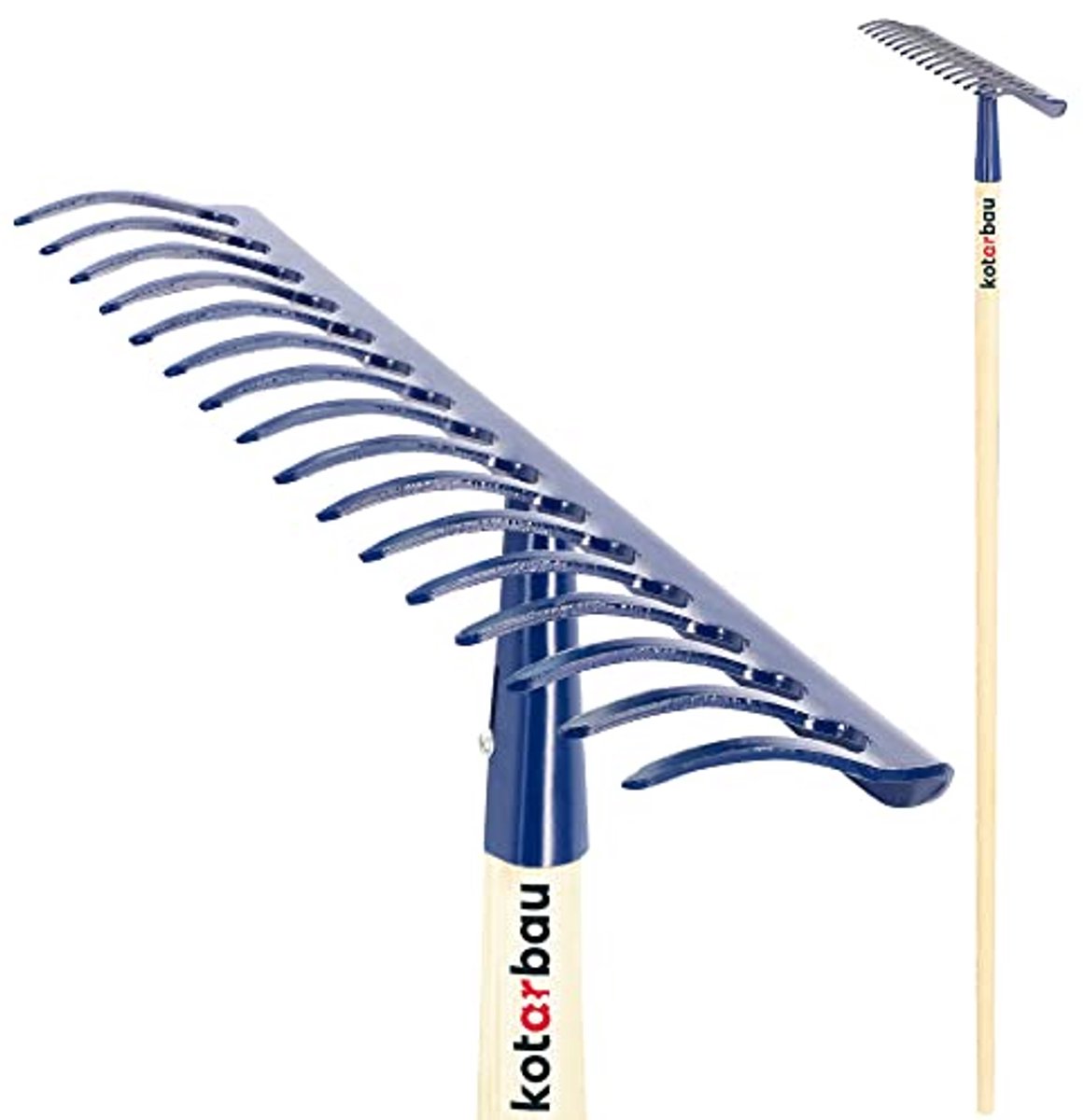 KOTARBAU® Tuinhark, Bladhark, Staal, 42 cm, Marineblauw, met Houten Steel, 156 cm, 16 Tanden, voor Gazon, Stevige Hark, Metalen Hark, Ergonomisch Tuingereedschap