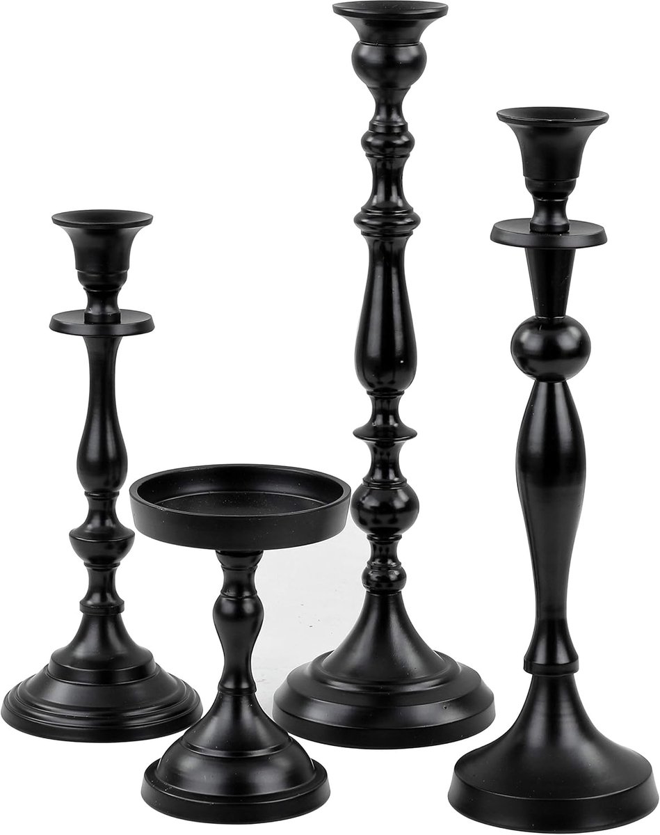 Set van 4 Elegante Zwarte IJzeren Pilar Kaarsenstandaards Decoratie Tafelverlichting