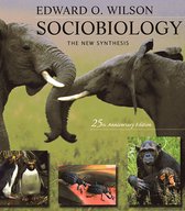 Boek "Sociobiology - The New Synthesis", 25th Anniversary Edition, met twee olifanten, pinguïns, kevers en een chimpansee.