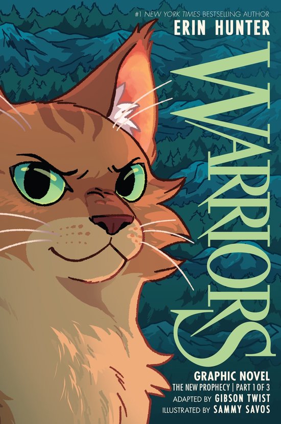 Couverture du roman graphique 'Warriors: The New Prophecy, Part 1 of 3' avec une illustration d'un chat tigré orange aux yeux verts devant un fond de forêt.