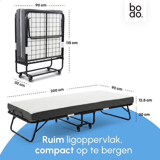 Afmetingen van het Bodo opvouwbare bed: dichtgevouwen 115 x 90 x 30 cm, uitgeklapt 200 x 90 x 30 cm, matras 12.5 cm dik.