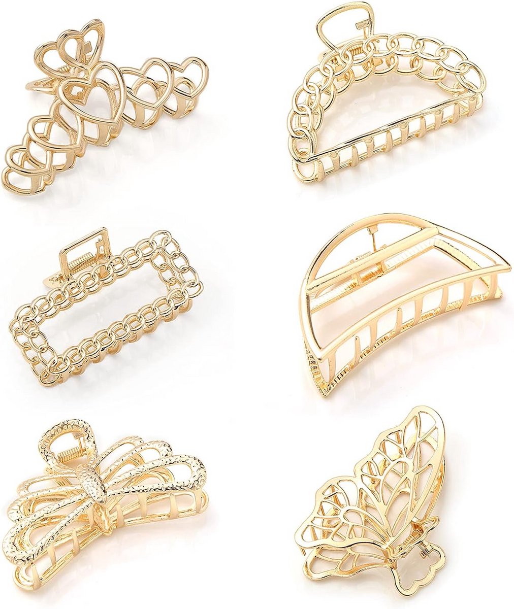 Set van 6 Grote Metalen Haarclips Goud - Non-slip Klem voor Dunne en Dikke Kruinen