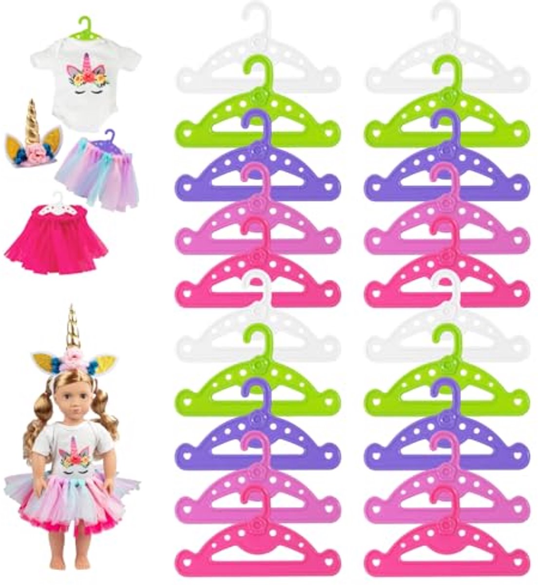 Ultiluxe® Poppen Kleerhangers - 20 Stuks - Kleerhangers - Poppen - 12,8 x 7,1 cm - Kledinghanger - Antislip - Ruimtebesparend - Wit/Groen/Roze/Rood/Paars