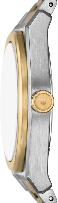 Zijaanzicht van een bicolor horloge met goudkleurige kroon met logo.
