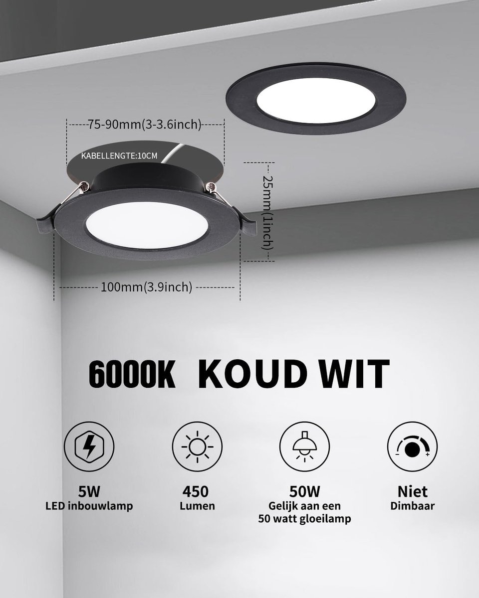 20x LED Inbouwspots Zwart – 5W 450LM Koud Wit 6000K – Niet Dimbaar IP44 – Ø75-90mm Plafond