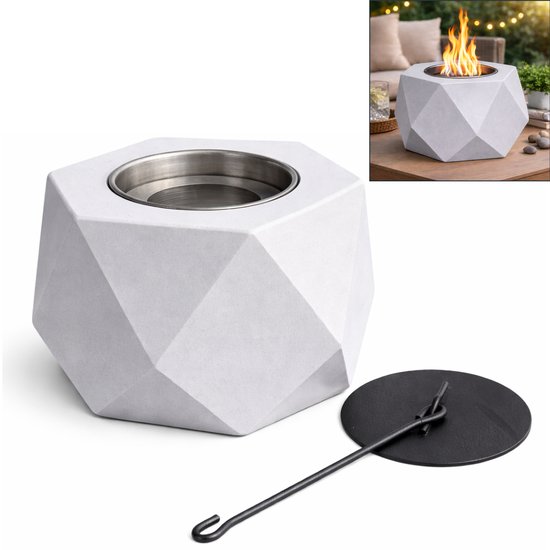 Betonlook tafelfire pit met RVS binnenkant en doofplaat. Inzet toont brandend vuurtje op tafel.