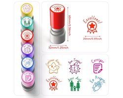 Zes gekleurde stempels: een stempel voor het beoordelen van de klas, een handtekening voor het huiswerk en een stempel van de leerkracht.