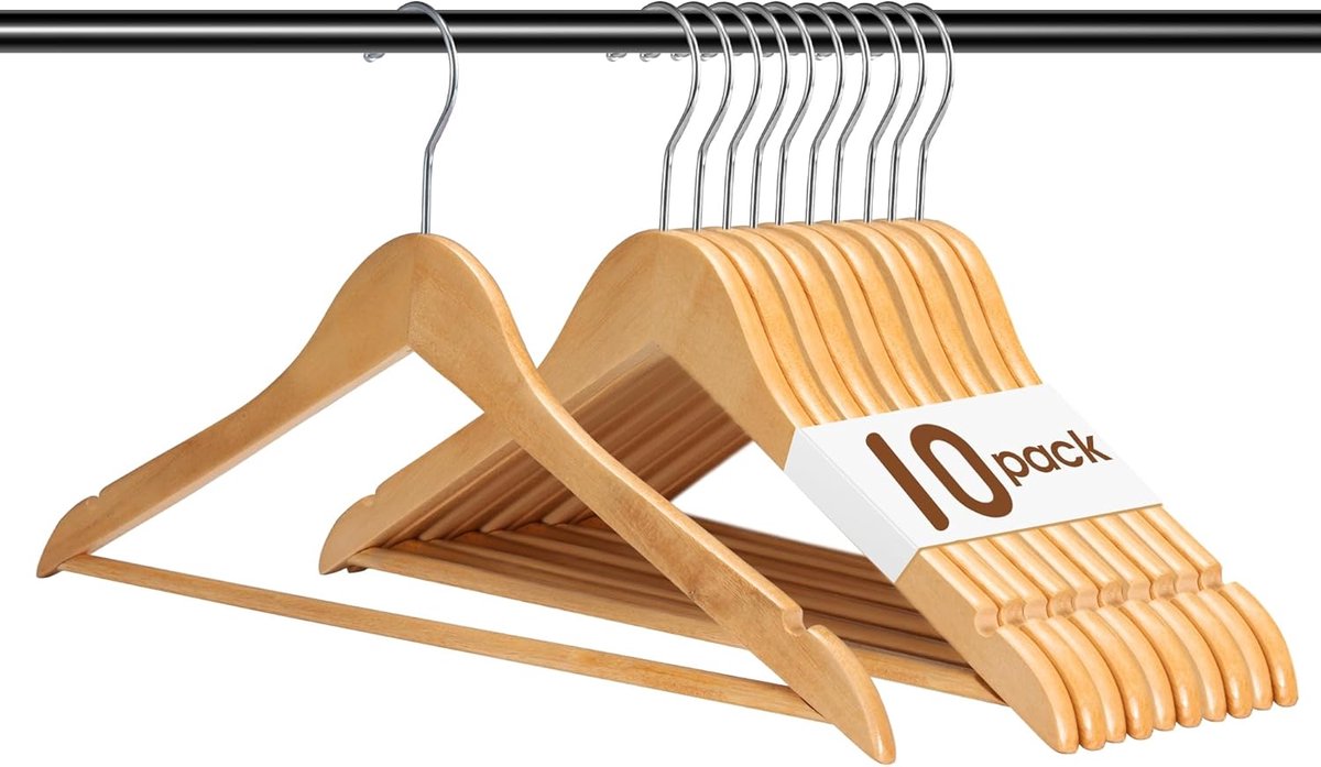 Set van 10 Houten Kleerhangers voor Kleding - Stevig, Draaibaar en Breed Model