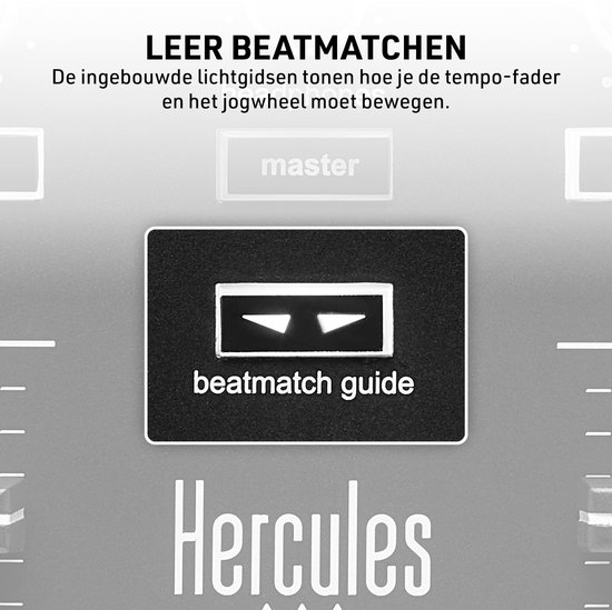 Close-up van de 'beatmatch guide' op de Hercules DJ-controller, met tekst "LEER BEATMATCHEN".