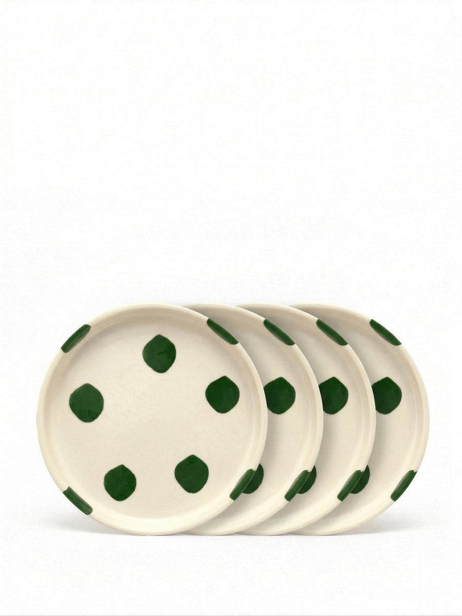 vtwonen - Borden - Gebaksbord - Stippen - Groen - Set van 4 - Keramiek - 13cm