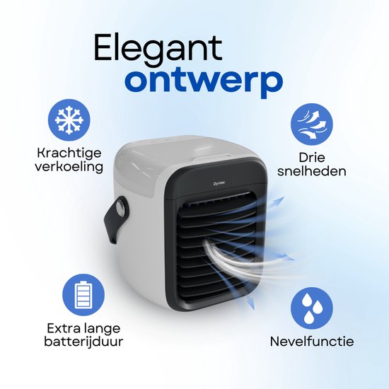 Compacte, grijze en zwarte mobiele airco die krachtige lucht blaast. "Elegant ontwerp"