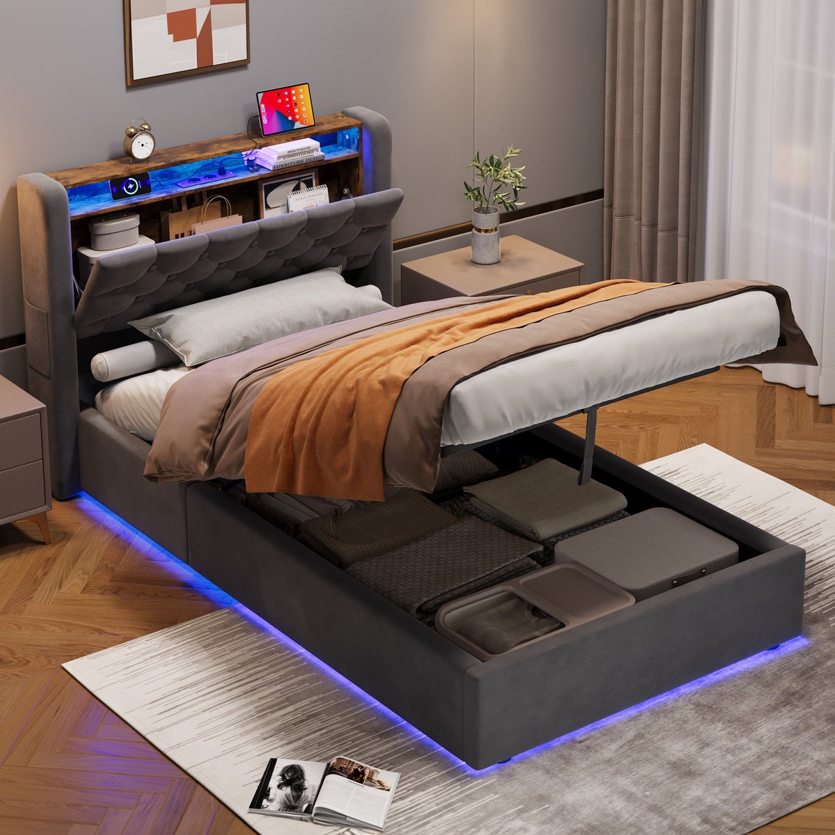 HAUSS SPOLE Gestoffeerd Eenpersoonsbed 90x200 cm - Opbergbed Met Stopcontact - Fluweel - Donkergrijs