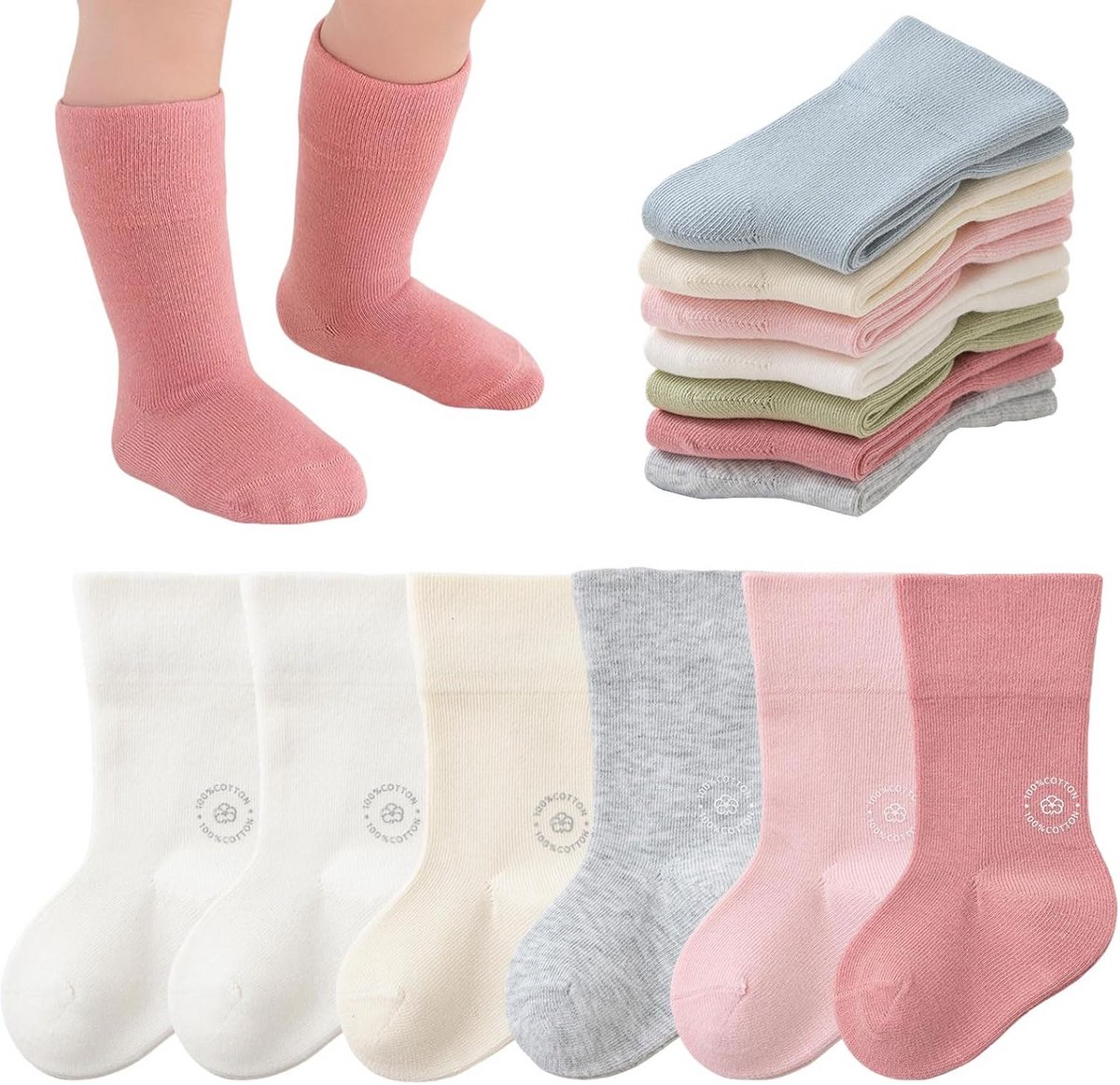 6 Paar Zachte Katoenen Sokken voor Baby's en Peuters - Ademend en Elastisch