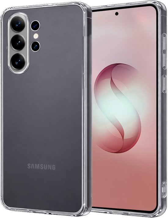 Coque de téléphone transparente avec la configuration de caméra et l'écran du Samsung Galaxy S26 Ultra.