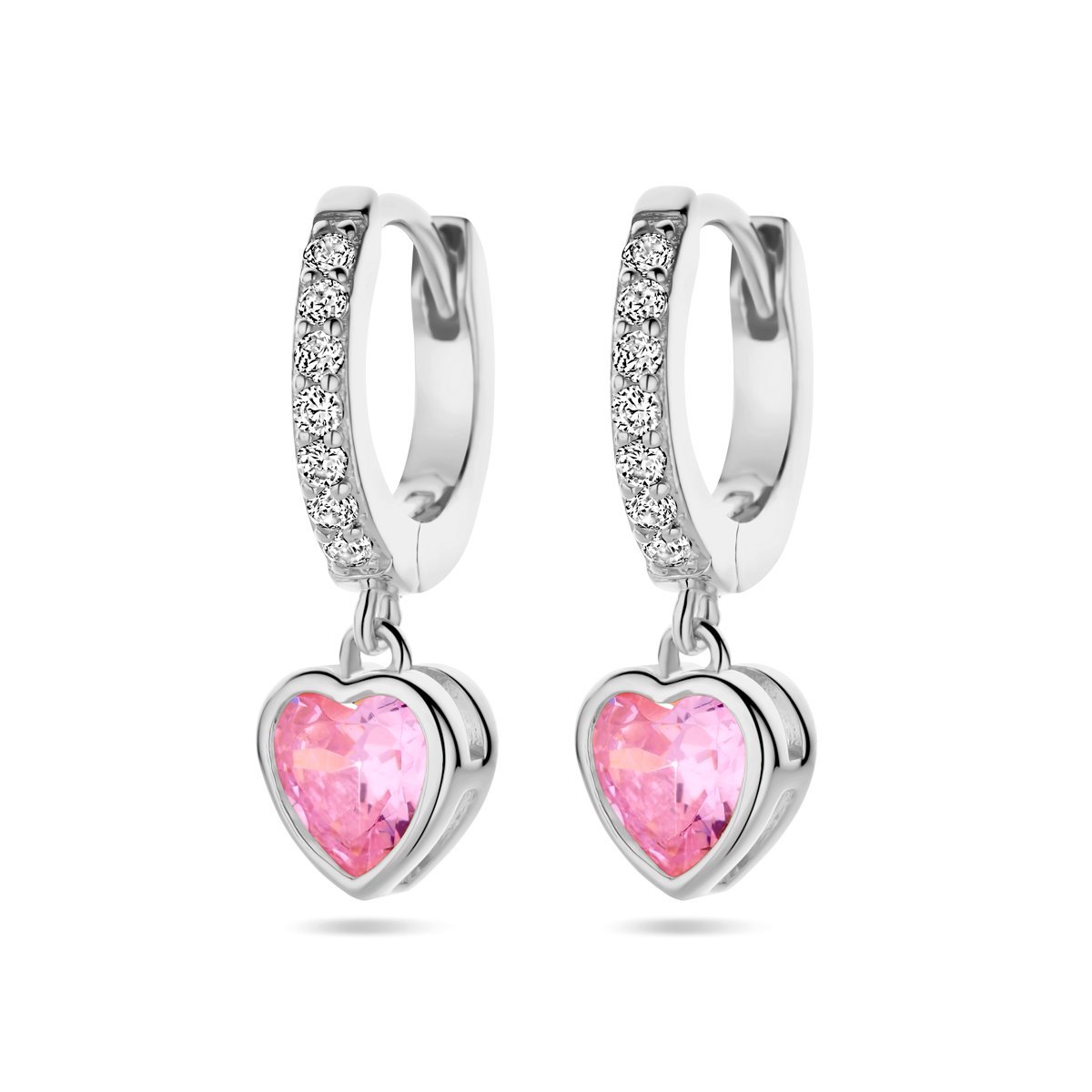 Zilver Gerhodineerd Oorringen Hart Roze En Wit Zirkonia 1338771