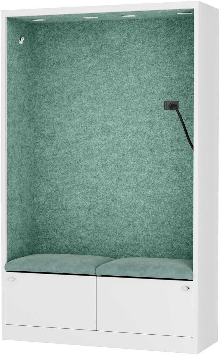 SALLY MentalBox - Geluidsabsorberende cabine voor 2 personen - met zitje - Kledinghanger + Ruime lade - Ingebouwde telefoonhouder + USB-C-poort - Groen / Wit