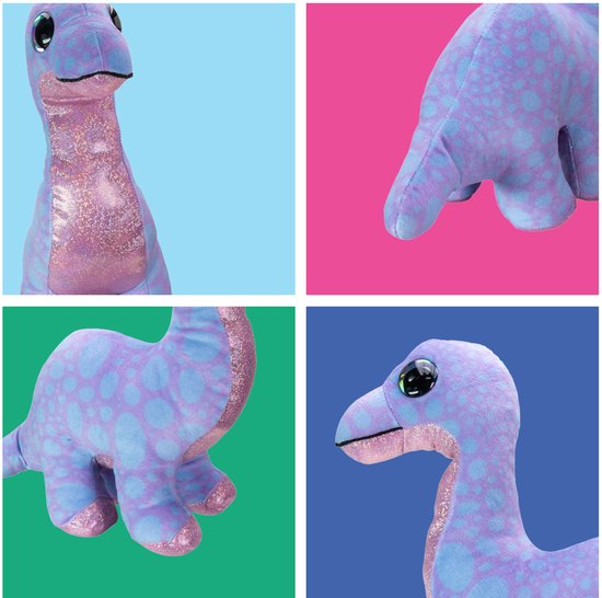 Collage van paarse dinoknuffel met blauwe stippen en glinsterende buik.