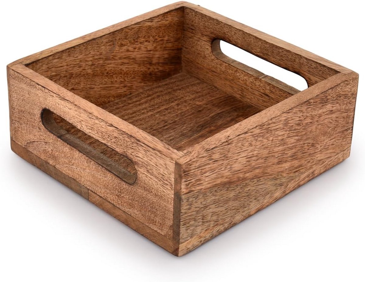 Vierkante servethouder van mangohout met brandewerkafwerking - 19 cm