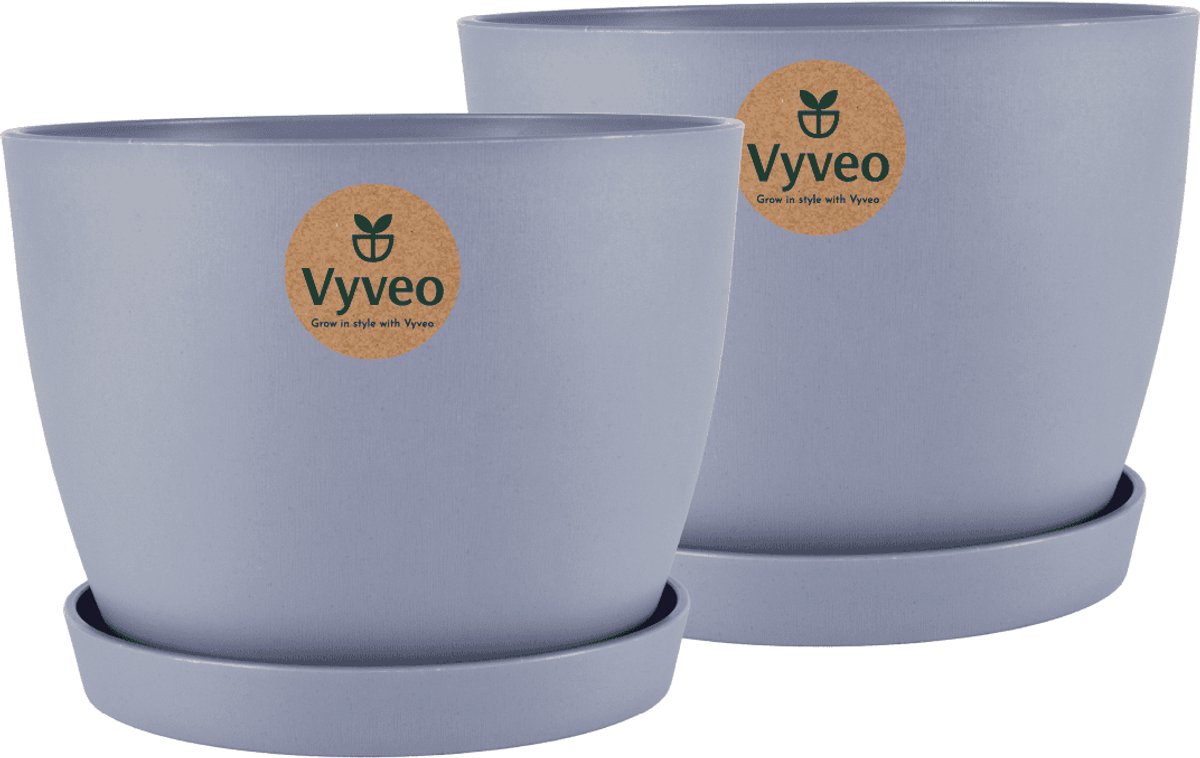 Vyveo - Bloempot Lunda met onderzetter - Set van 2 - 17x12 - Donkergrijs - Bloempot voor binnen en buiten - Lichtgewicht - Breukbestendig - Vorstbestendig - UV-bestendig