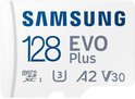 Witte Samsung 128GB EVO Plus microSDXC A2 V30 kaart met blauwe en grijze tekst.