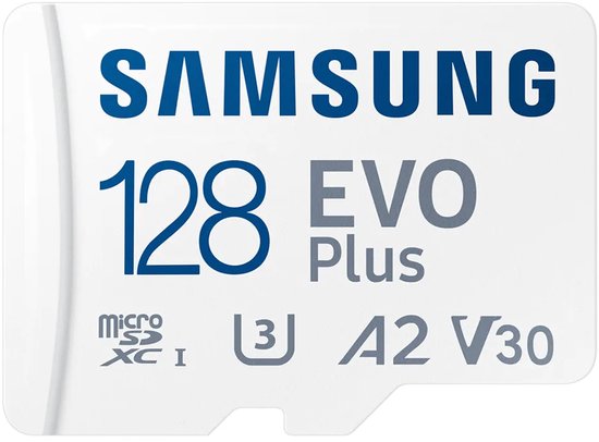 Witte Samsung 128GB EVO Plus microSDXC A2 V30 kaart met blauwe en grijze tekst.