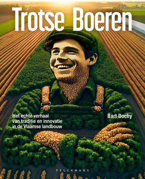Un portrait d'agriculteur composé de pommes de terre et de verdure, dans un paysage de champs. Titre : Trotse Boeren.